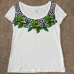 Mossimo Shirt Womens L White Green Parrot Tropical Embroidered Tribal Vintage
